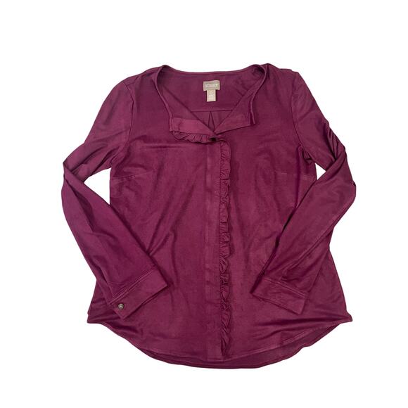 Chico’s Faux Suede Ruffle Front Button Front Blouse, Long Sleeve Women’s 0 (XS) - Picture 1 of 10